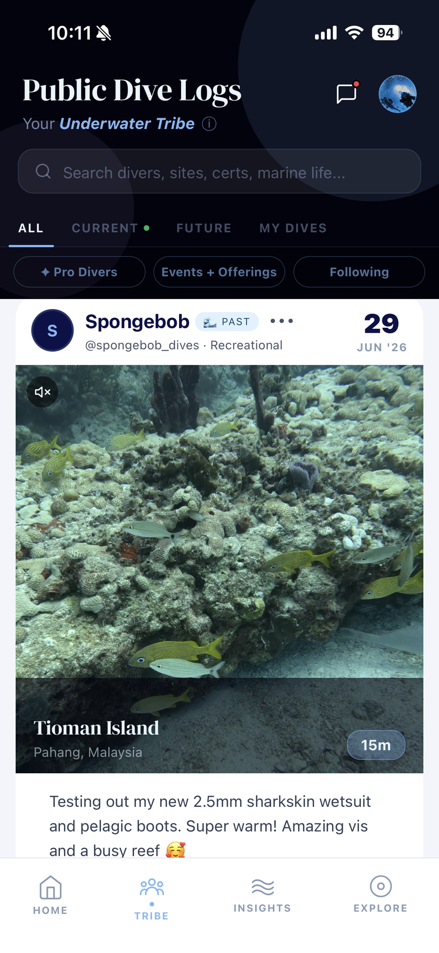 AfterDive Public Dive Logs screen