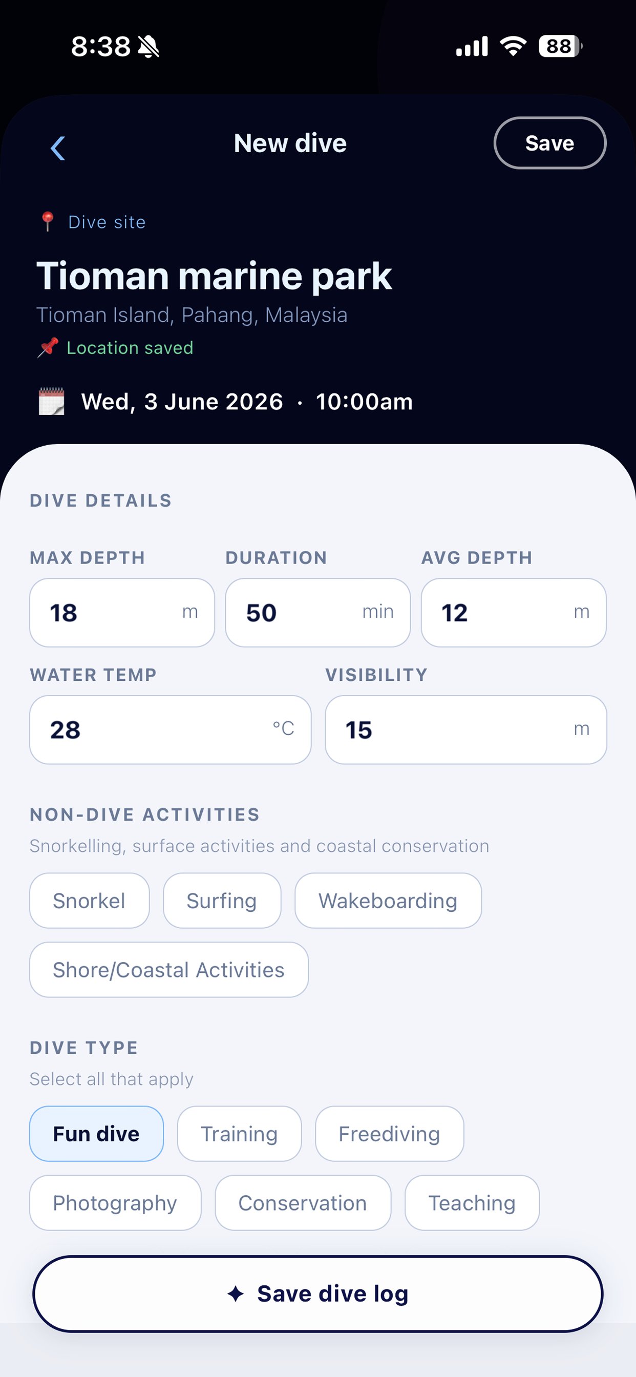 Tap to log a dive